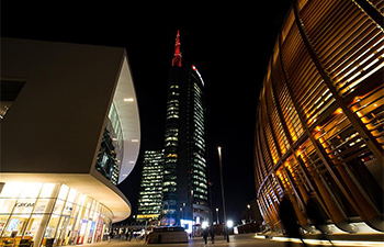 Top of UniCredit Tower illuminated to celebrate Chinese Lunar New Year in Milan